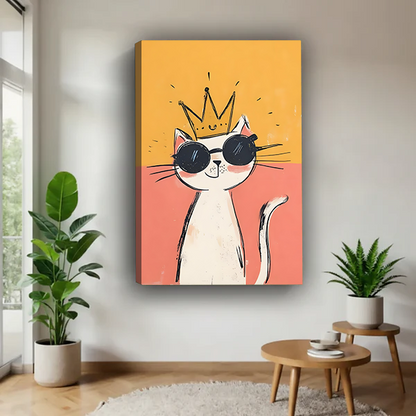 Unframed crowned cat canvas wall art showing a white cat in sunglasses beside indoor plants.