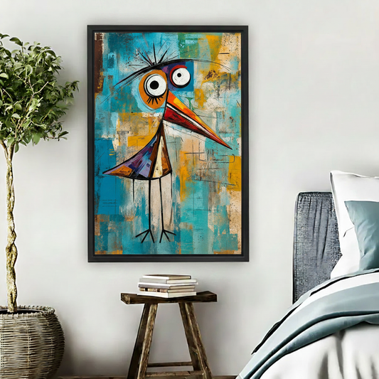 Bold cubist street art bird framed canvas wall art hanging in modern light gray living room
