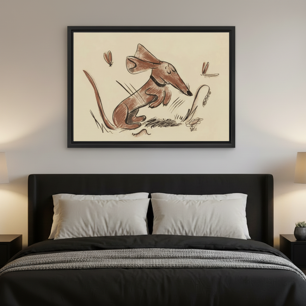 Black framed vintage sepia sketch canvas of a whimsical anteater sniffing a vine with dragonflies, hung above a dark upholstered bed with white pillows and grey blanket in a moody modern bedroom with warm bedside lamps
