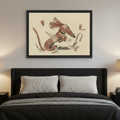 Black framed vintage sepia sketch canvas of a whimsical anteater sniffing a vine with dragonflies, hung above a dark upholstered bed with white pillows and grey blanket in a moody modern bedroom with warm bedside lamps