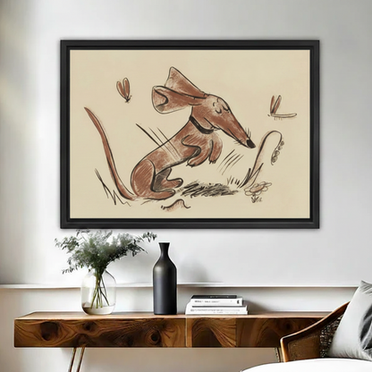 Black framed vintage-style sketch canvas of a curious anteater sniffing at a curling vine with two dragonflies hovering nearby, rendered in warm sepia and brown tones on a cream background, displayed above a rustic wooden console table with a black vase and greenery
