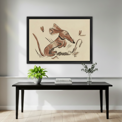 Black framed sepia sketch of a curious anteater and dragonflies hung above a sleek black console table in a minimalist hallway with a potted green plant, stacked books, and a glass vase with eucalyptus branches