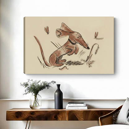 Frameless gallery-wrap canvas of a whimsical hand-drawn anteater crouching in grass with two dragonflies in a loose vintage sketch style using warm sepia ink on a cream background, hung above a wooden console table with a black vase and stacked books