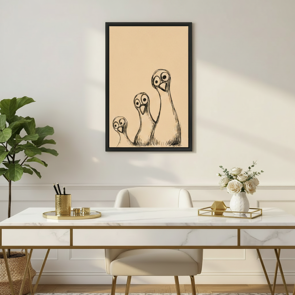 Whimsical curious birds sketch framed canvas print displayed above marble desk in elegant home office