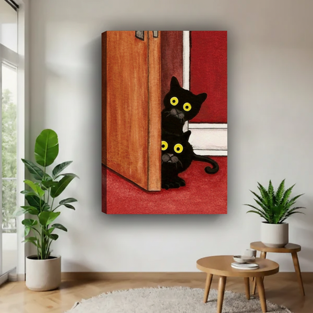 Two black cats peeking around door canvas wrap wall art, frameless stretched canvas print with bold red background