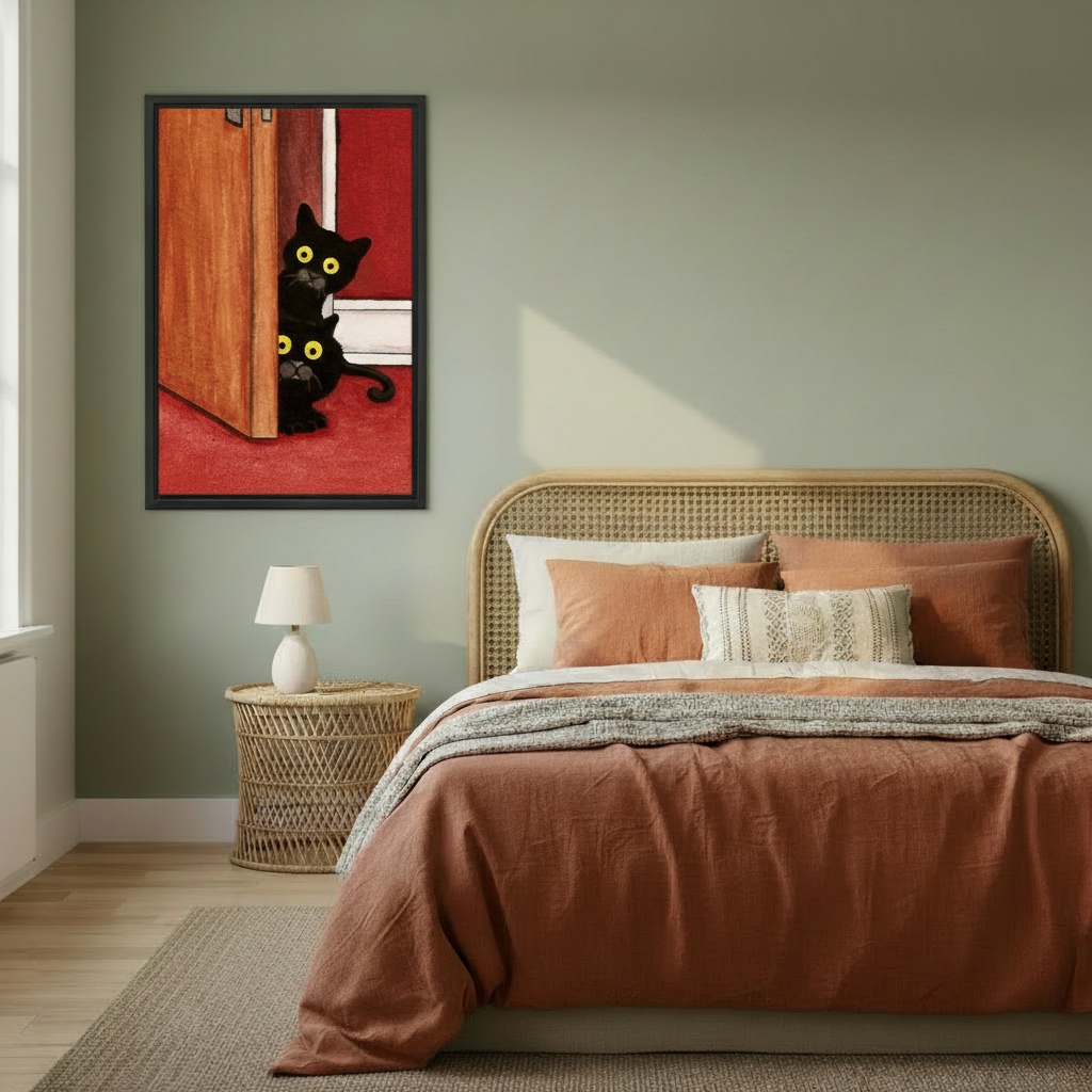 Curious black cats vintage wall art print in black frame, boho bedroom decor with rattan bed and sage green wall