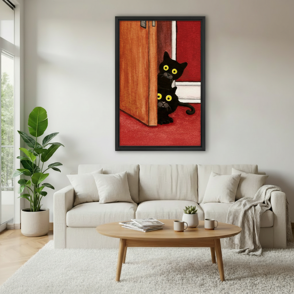 Black cats peeking door vintage framed print above sofa, moody red cat wall art for modern living room