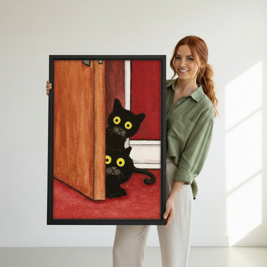 Woman holding curious black cats peeking door framed art print, funny cat wall decor for home