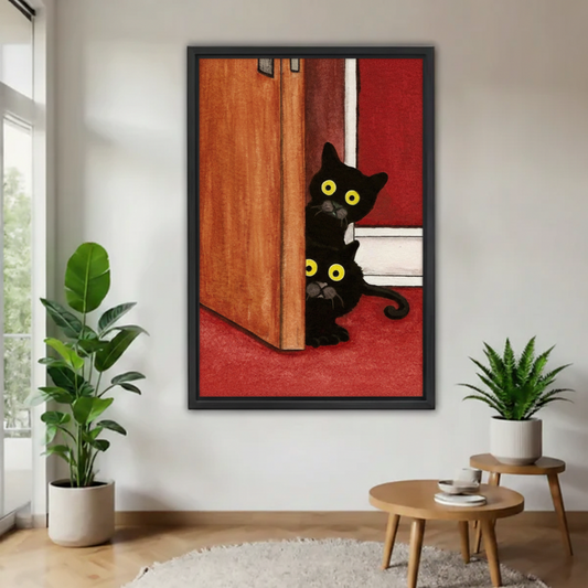 Curious black cats peeking door vintage wall art print in black frame, eclectic living room decor with plants