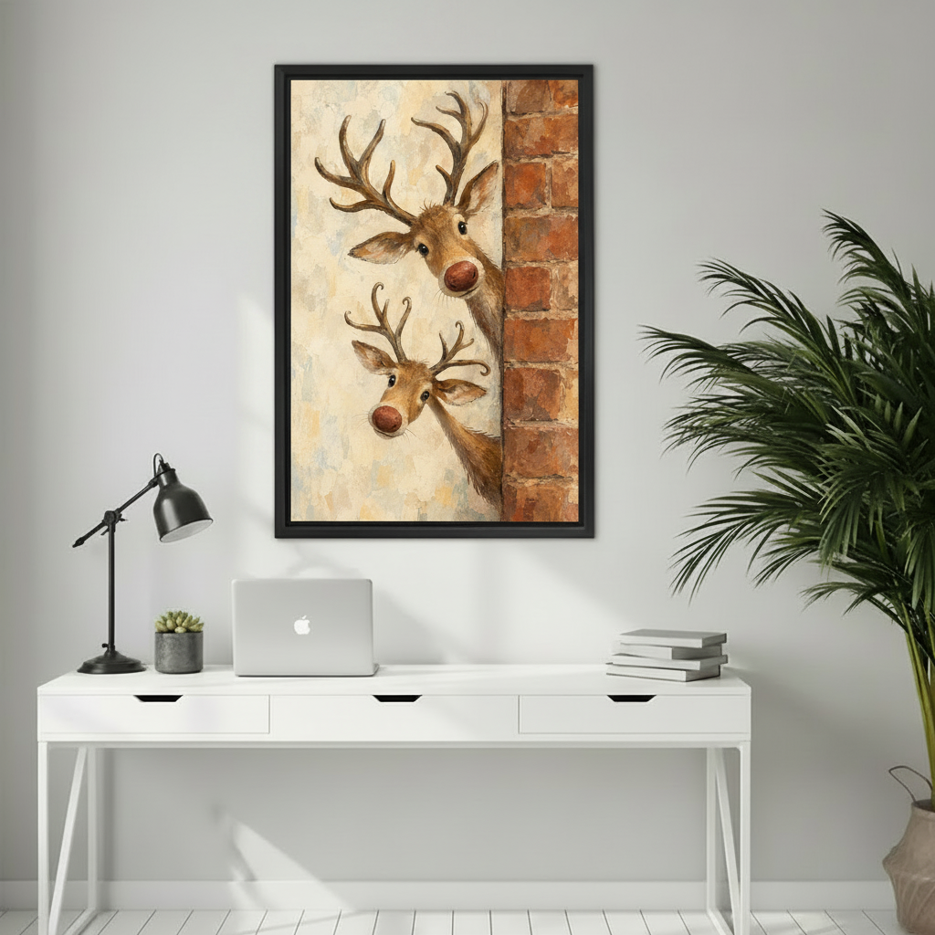  Framed curious deer canvas wall art bringing playful farmhouse character to a bright home office.