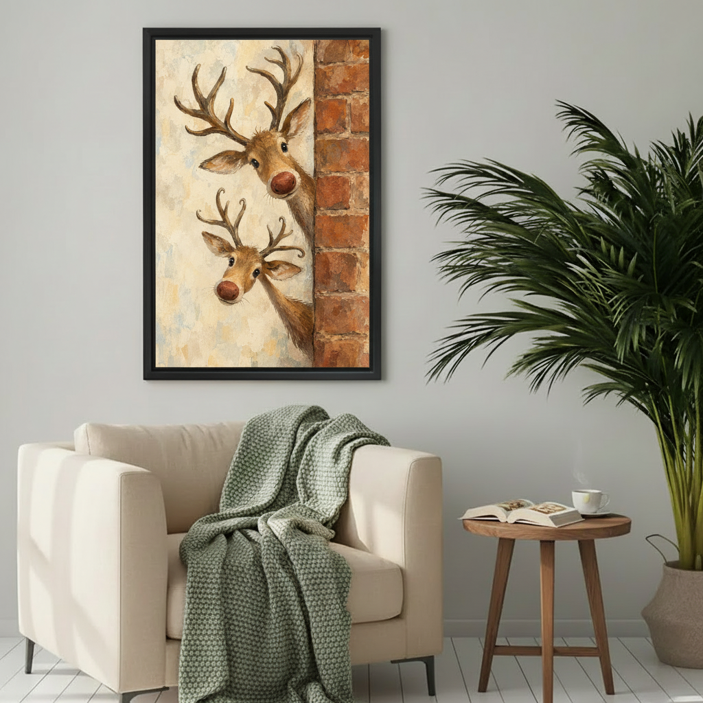 Framed whimsical curious deer canvas wall art displayed above a cozy cream reading chair.