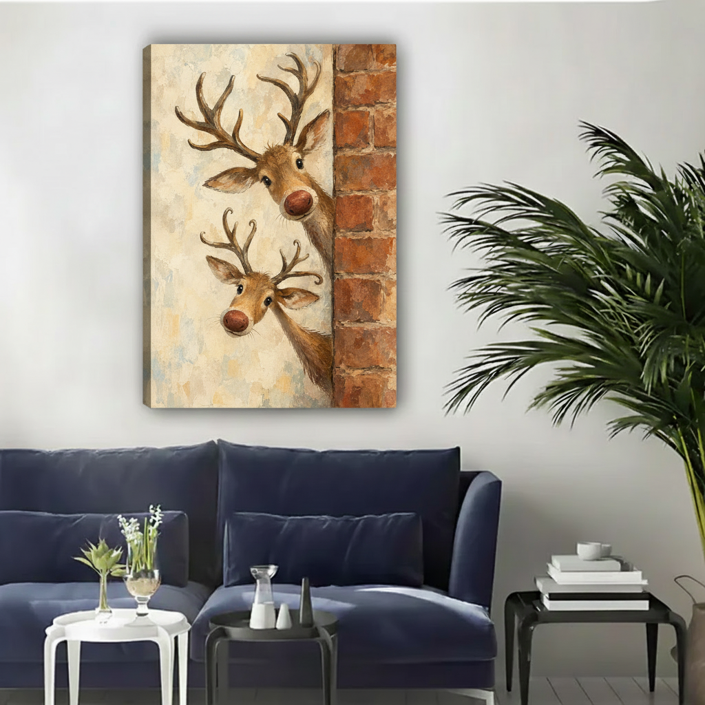 Gallery-wrap curious deer canvas wall art featuring two antlered deer peeking around a brick wall.