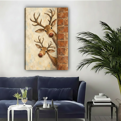 Gallery-wrap curious deer canvas wall art featuring two antlered deer peeking around a brick wall.