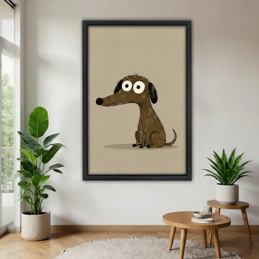 Person holding large black framed cute cartoon dachshund canvas print against clean white wall