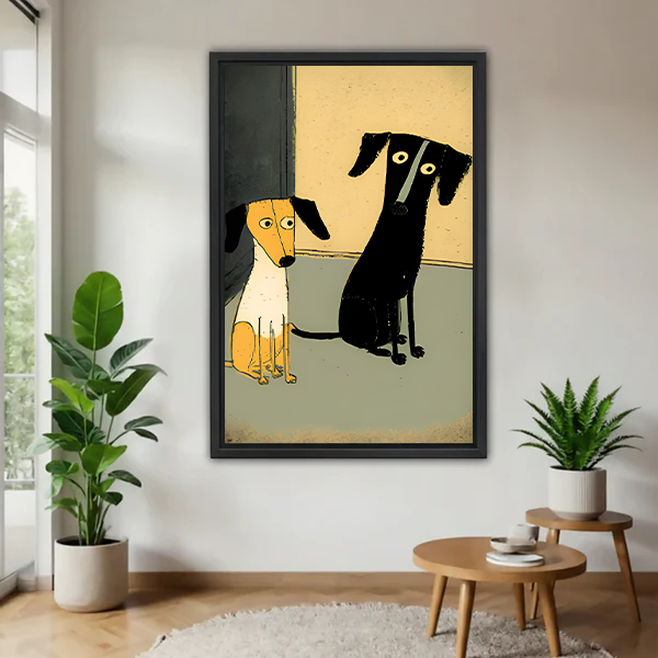 Cute dachshund duo minimalist cartoon canvas print without frame floating on white wall in bright living room with plants
