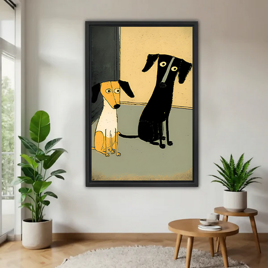 Cute dachshund duo minimalist cartoon canvas print without frame floating on white wall in bright living room with plants
