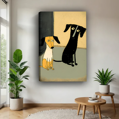 Smiling woman holding cute dachshund duo minimalist framed art print showing size reference on white studio background