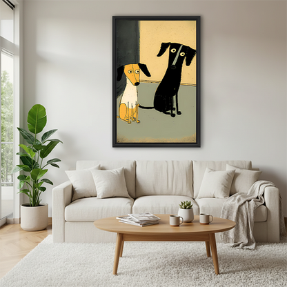 Cute dachshund duo minimalist framed canvas art on sage green bedroom wall above rattan headboard with terracotta bedding
