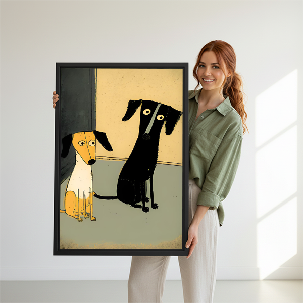 Cute dachshund duo minimalist cartoon framed canvas wall art hanging above cream sofa in Scandinavian living room
