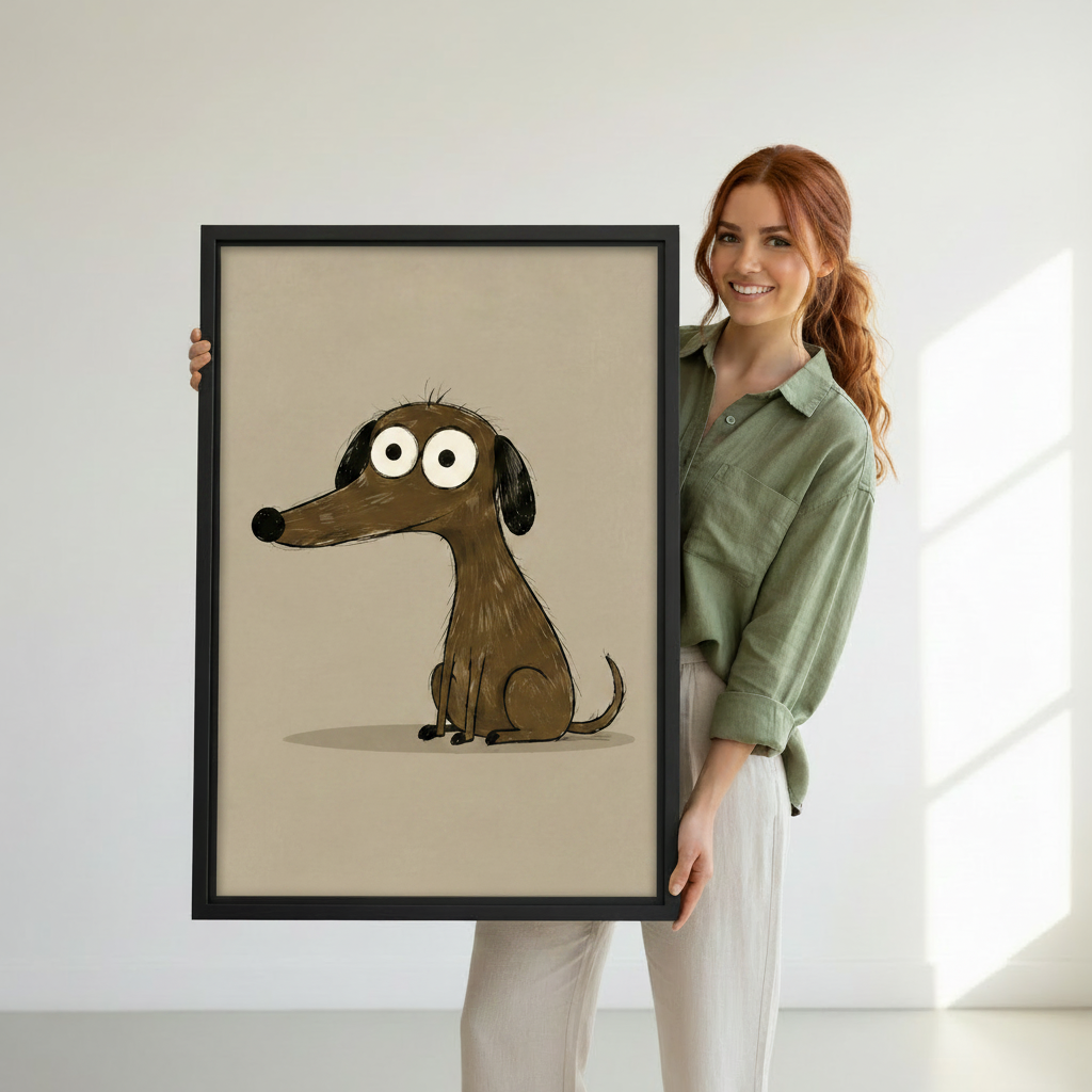 Black framed cute dachshund canvas wall art hanging in minimalist living room with indoor plants