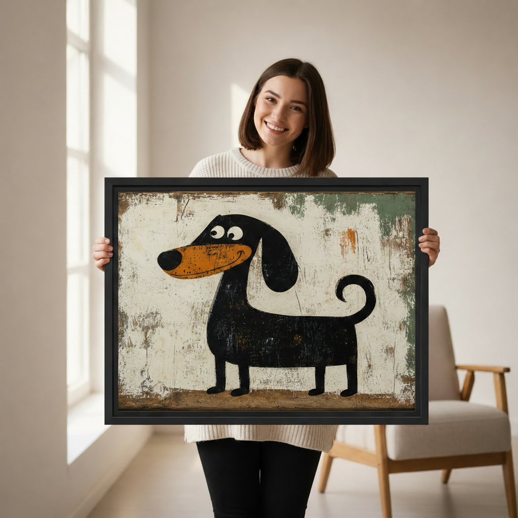 Woman holding large whimsical dachshund framed art print, vintage distressed dog wall art size reference
