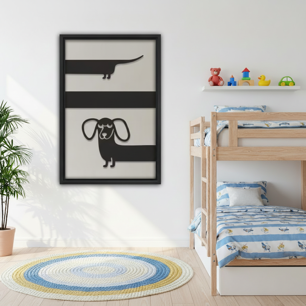  Minimalist dachshund stripe framed print in kids bedroom with bunk bed, fun dog wall art for children's room
