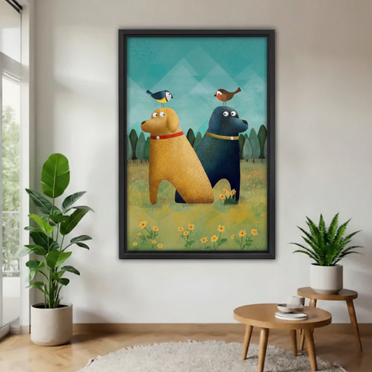 Cute cartoon Labrador duo with birds on heads and yellow wildflowers framed wall art mounted on a white wall between two green potted plants in a bright hallway