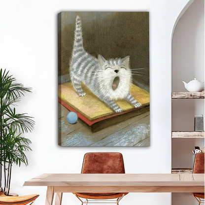 Cute yawning tabby cat canvas wall art, frameless gallery wrap, vintage oil painting style grey striped cat with open mouth on wooden floor, hung in a bright dining room with indoor plants