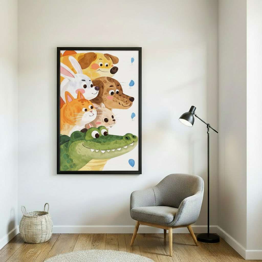 Cute animal friends framed wall art print with crocodile, bunny, dogs and cat, black frame, kids room decor