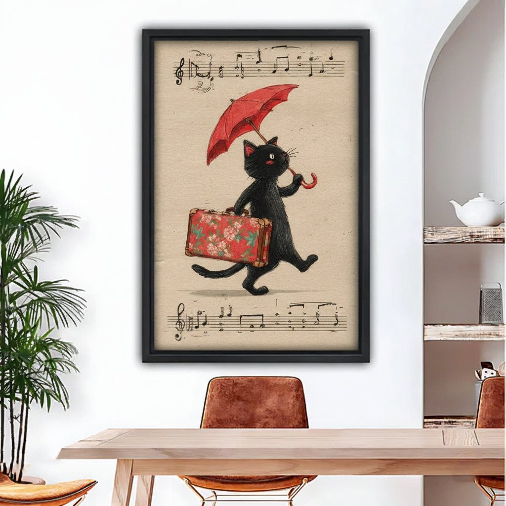 Vintage black cat with red umbrella and floral suitcase canvas wall art — whimsical cat walking on music sheet, black frame, dining room decor