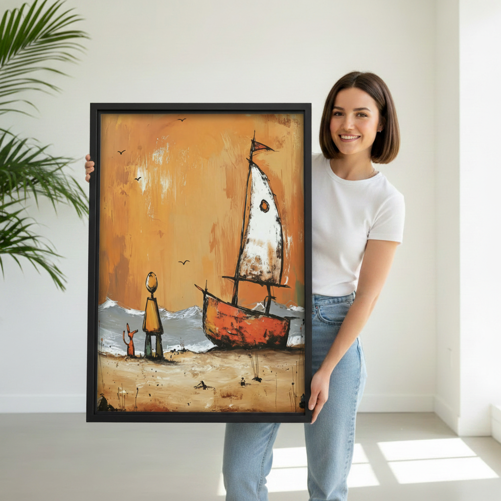 Woman holding vintage beach sailboat wall art print, dog and owner coastal illustration, warm tones home decor gift