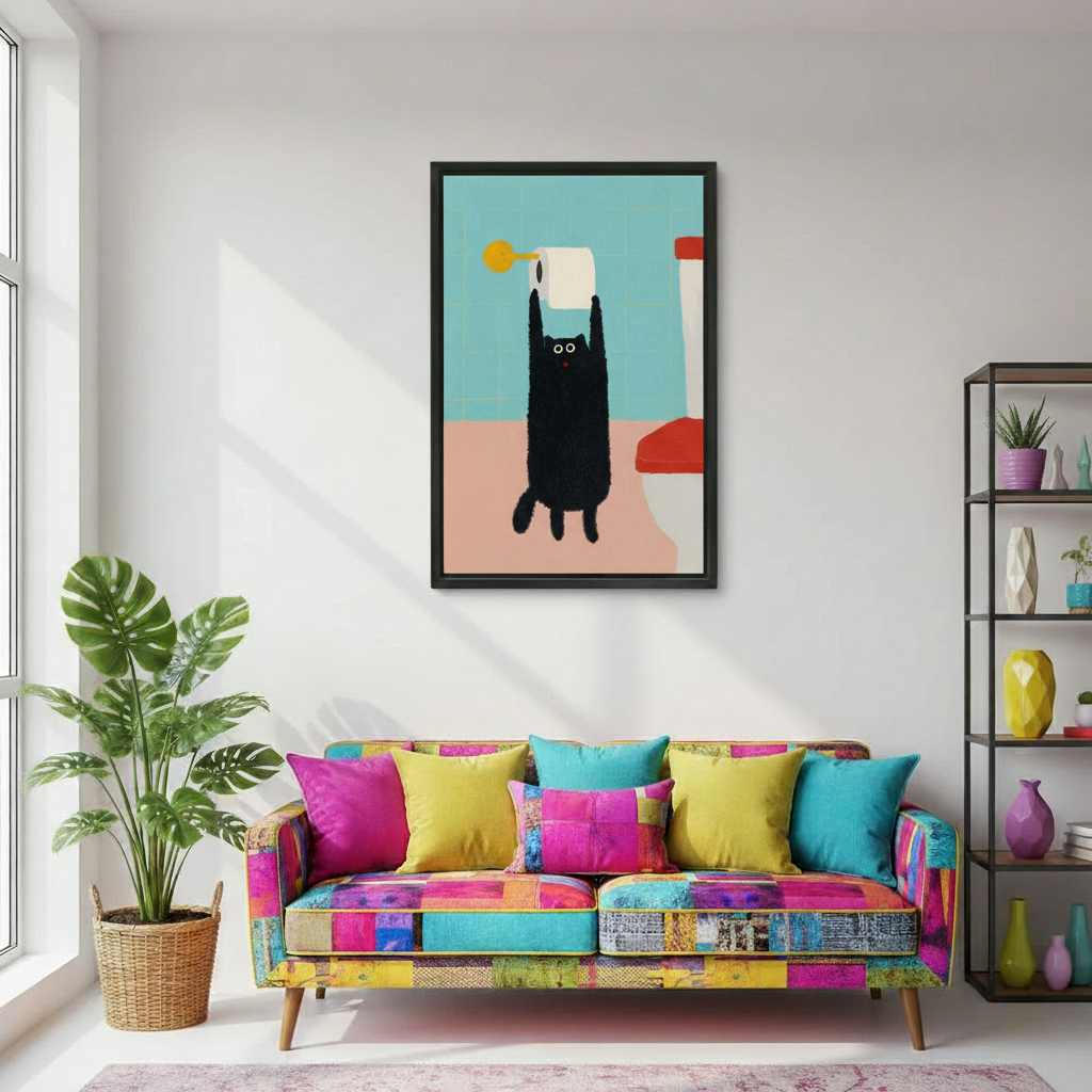 Funny cat wall art framed canvas — bold colorful bathroom decor gift for cat lovers
