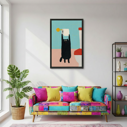 Funny cat wall art framed canvas — bold colorful bathroom decor gift for cat lovers