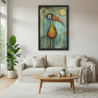 Abstract expressionist bird grunge canvas wall art in black frame in minimalist living room — quirky oil painting with drip paint and yellow moon