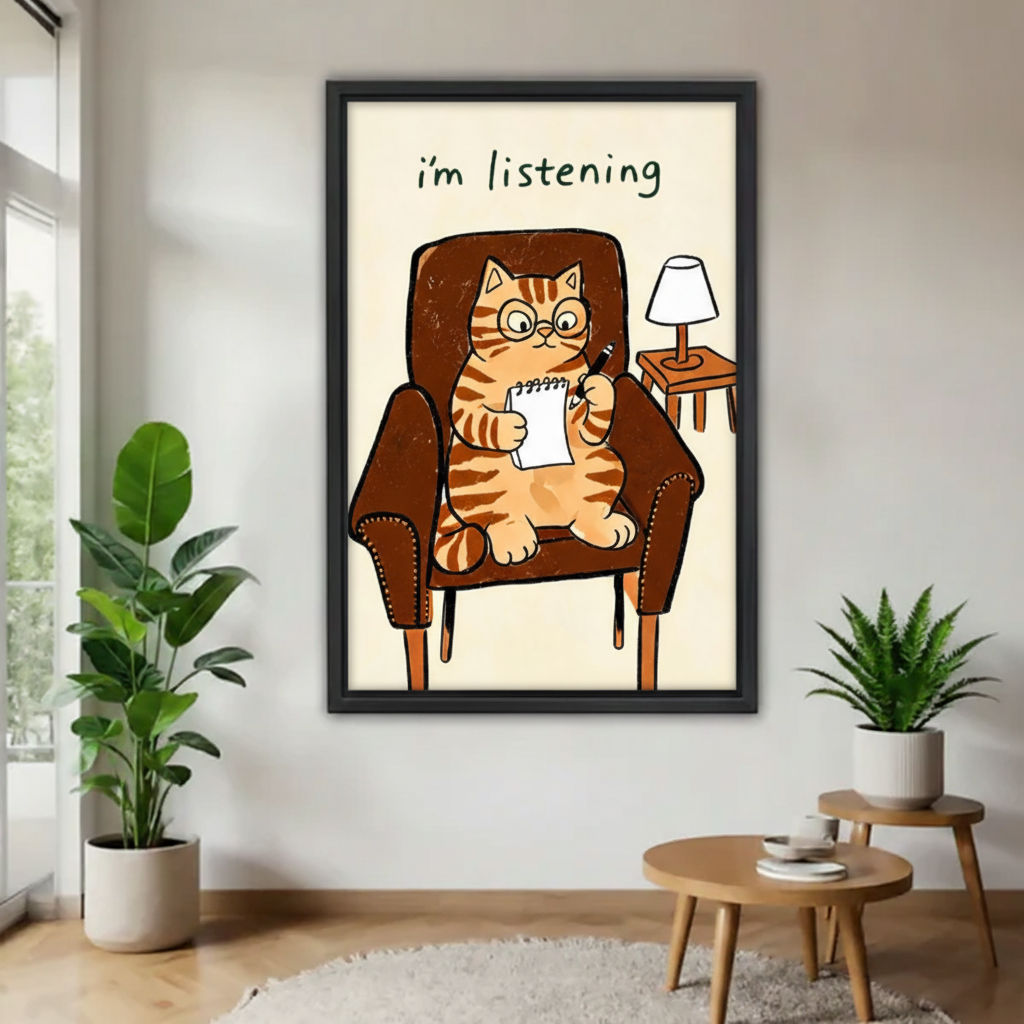 Funny therapist cat canvas wall art in black frame above dining table, whimsical orange tabby cat with glasses in armchair