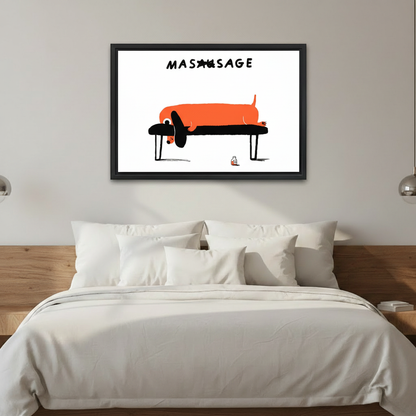 Whimsical dachshund on massage table framed canvas art — funny dog print perfect for dog lover gift and home decor