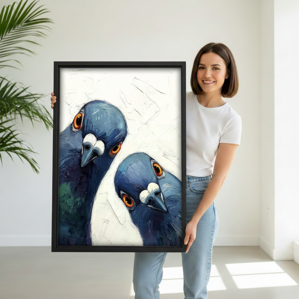 Woman pointing at blue pigeon duo impasto oil painting canvas wall art – black frame in modern hallway