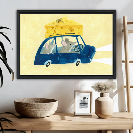 Cute mice road trip watercolor wall art print in black frame above wooden console table with woven bowl and vase