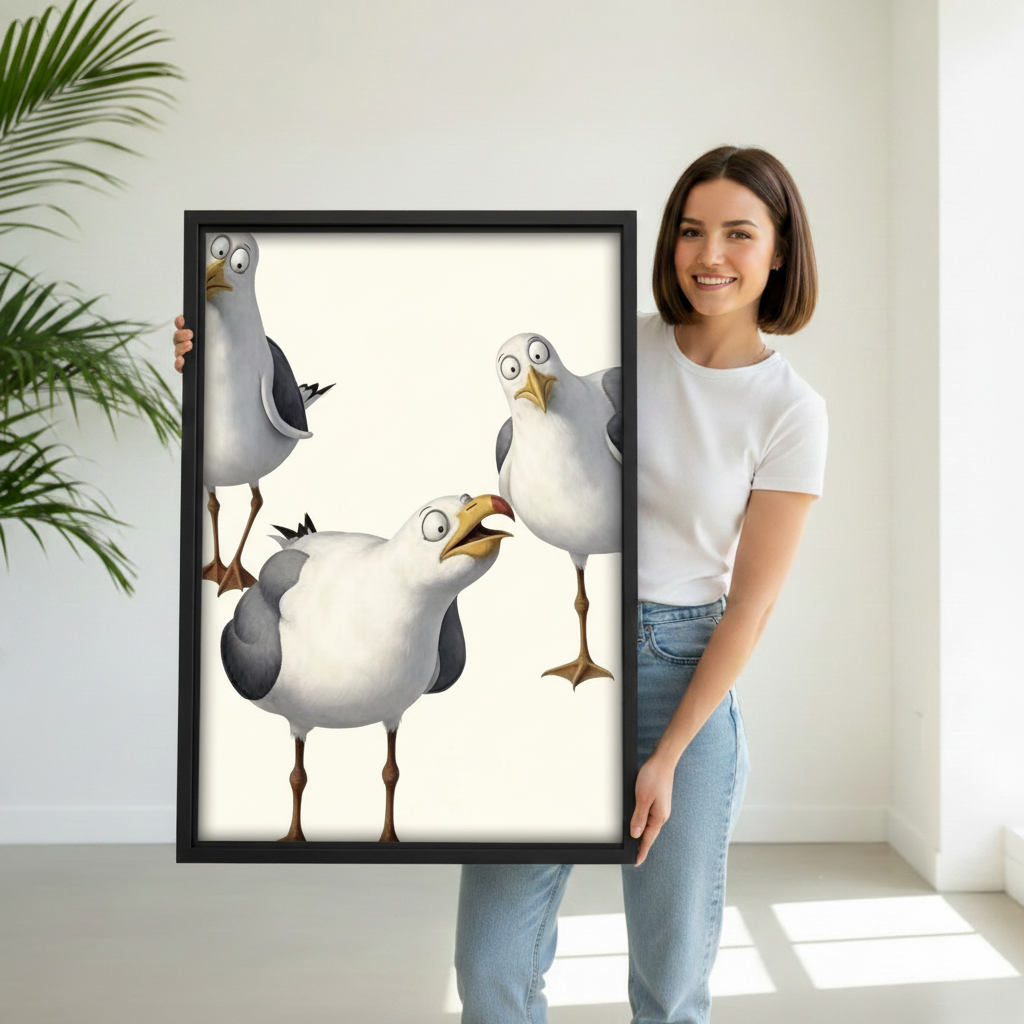 Woman pointing at funny seagull trio 3D cartoon canvas wall art – black frame in modern hallway