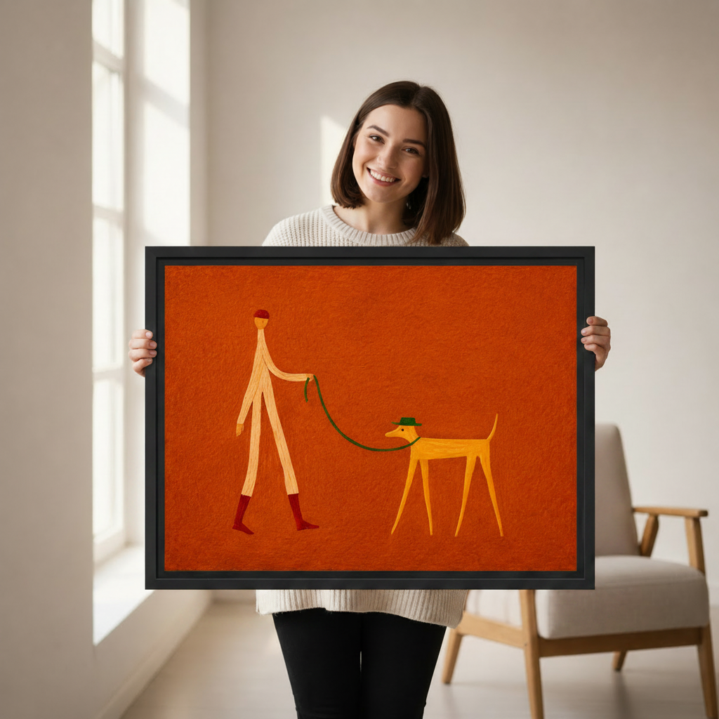 Walk the Dog folk art wall art — framed canvas print shown in a cozy bedroom setting