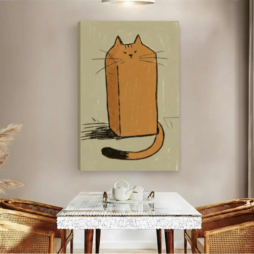 Funny loaf cat sketch framed canvas print hanging in home office above wooden desk