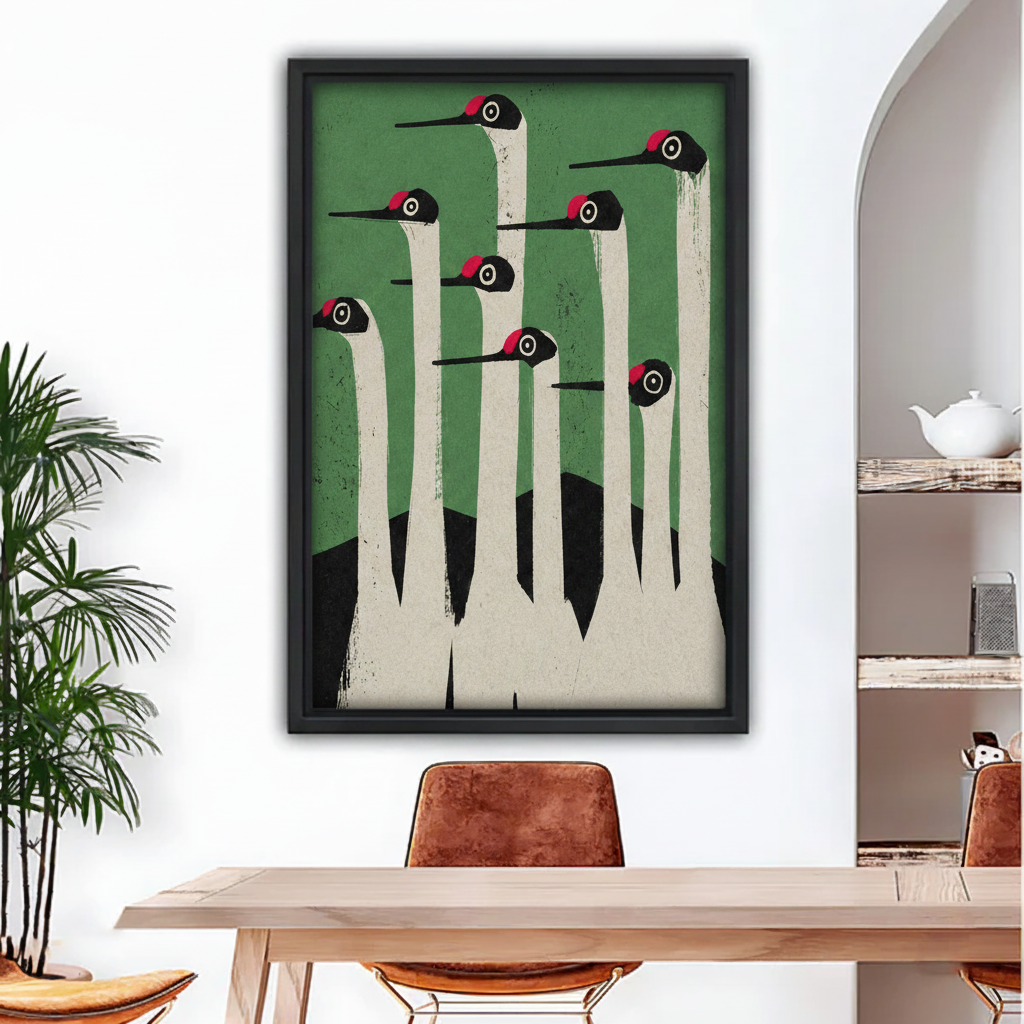 Japanese crane minimalist canvas wall art in black frame above dining table, elegant green bird print for modern zen home decor