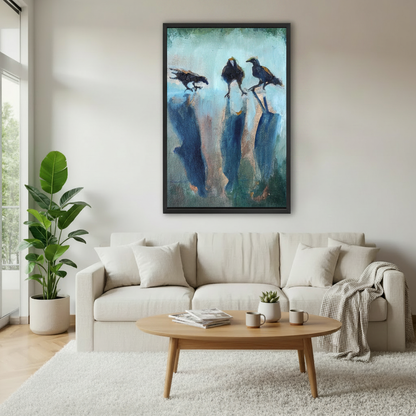 Dark raven teal oil painting canvas wall art displayed in cozy bedroom — moody bird print above bed, gothic home decor