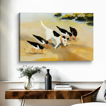 Dog and birds beach canvas wall art no frame, rustic living room decor