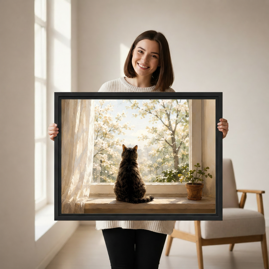 Woman holding cat watching spring blossom framed canvas wall art print