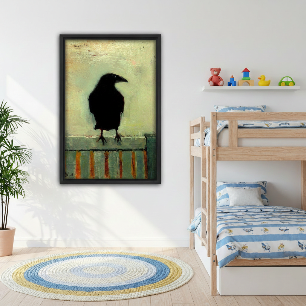 Moody raven oil painting framed wall art print on bedroom wall, dark gothic home decor