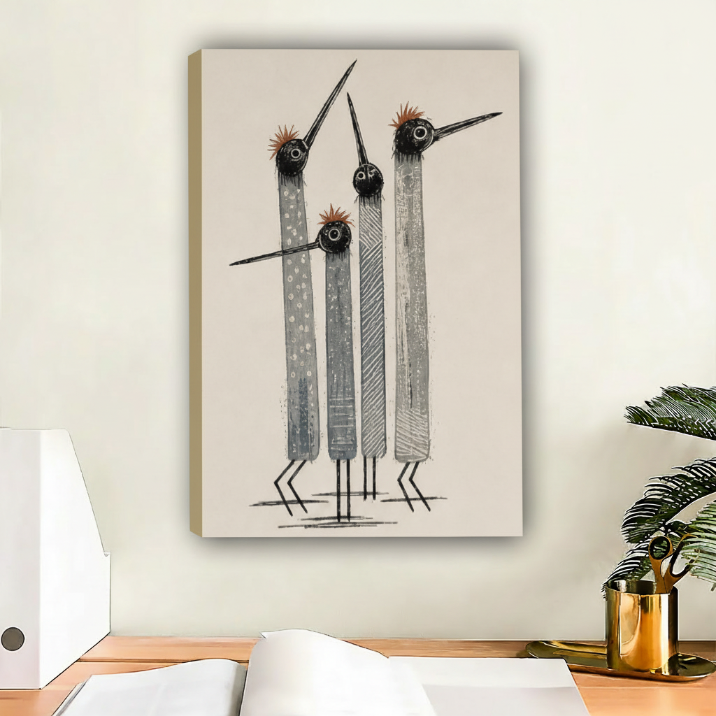 Abstract bird trio illustration print, moody sketch style birds in gray and black, modern wall art