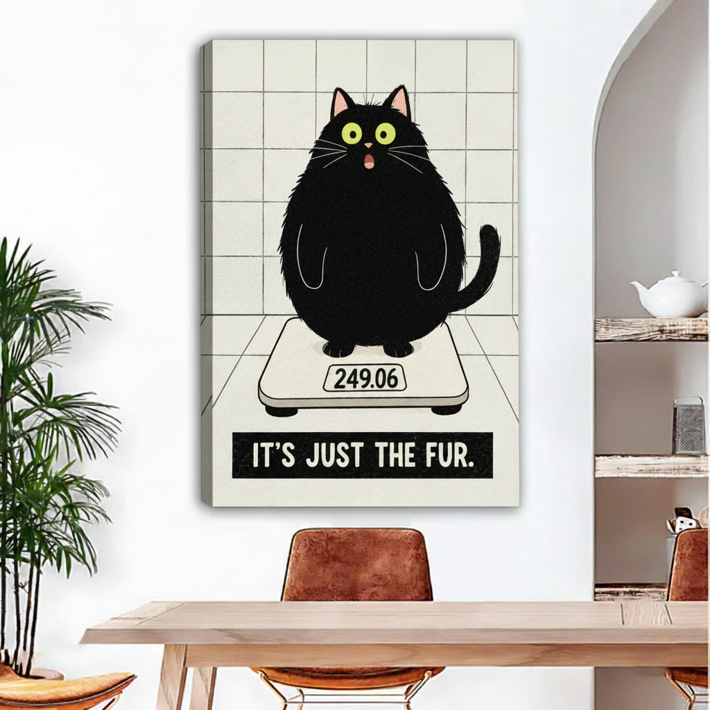 Fat cat on scale gallery wrap canvas wall art, frameless, humorous cat print, modern living room