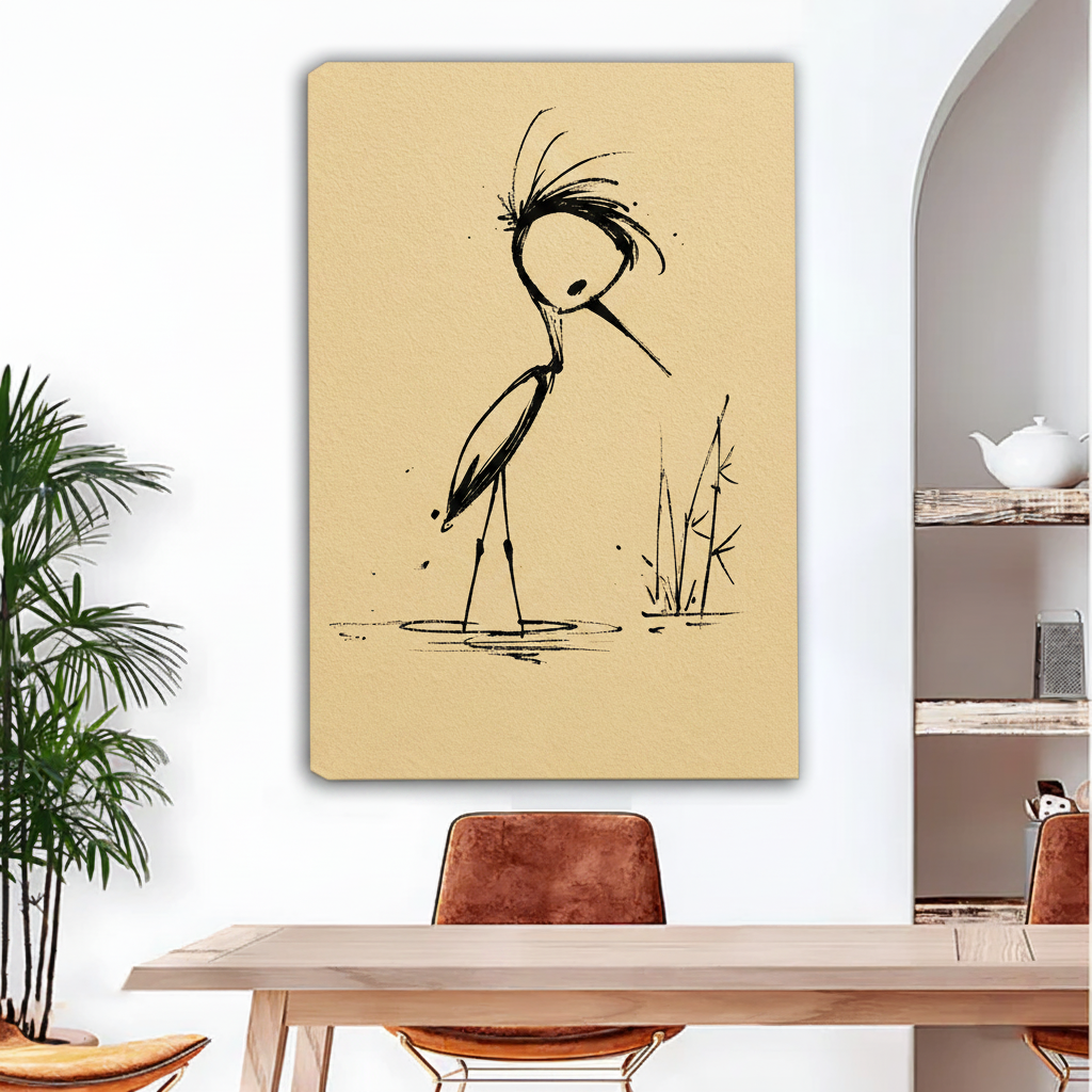 Japandi ink crane botanical canvas art gallery wrap — minimalist brush stroke crane illustration on beige background, frameless zen wall decor for living room
