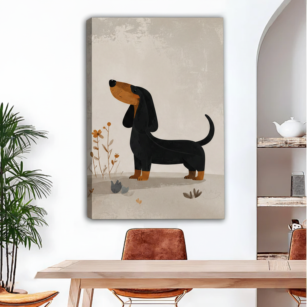 Dachshund canvas wall art no frame gallery wrap in dining room, minimalist pet print for living room home decor